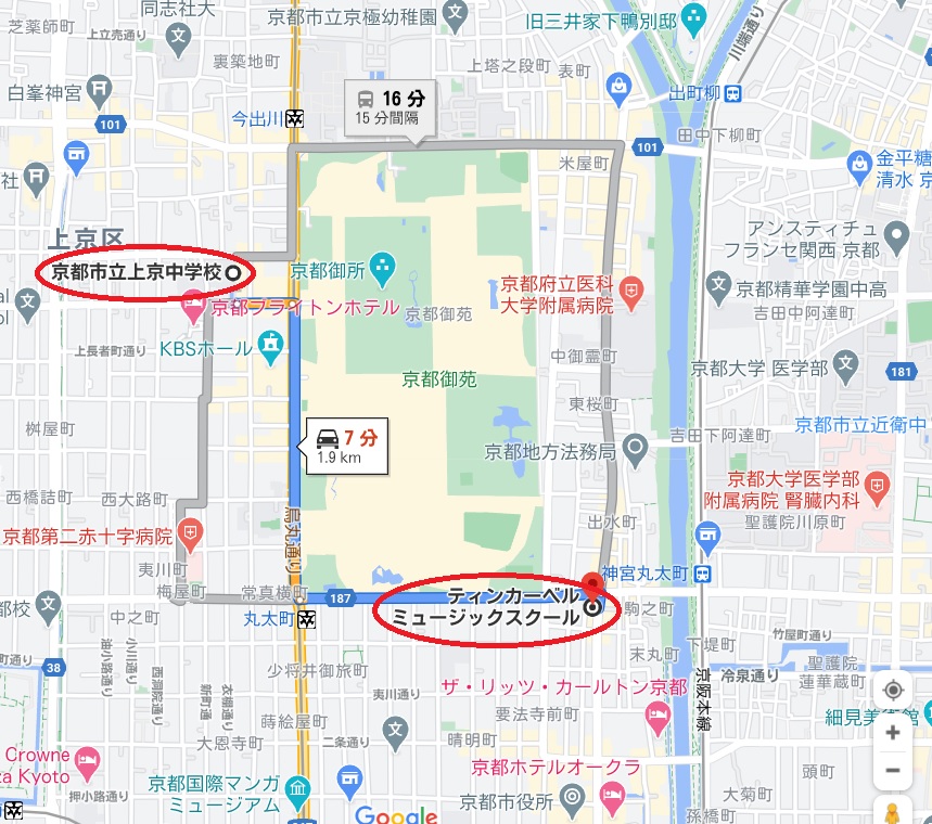 京都市上京中学校からティンカーベル・ミュージックスクールまでの地図